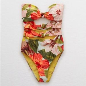 aerie Floral Cutout One-Piece Swimsuit in Green, Red, Pink